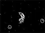 Screenshot of Cosmic Trail 2 showing a pixelated spaceship being guided by a cursor, leaving a long, fiery exhaust trail to destroy large asteroids