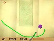 The game screen for Magic Pictures: BounceBall showing a small red ball bouncing towards an exit portal over drawn yellow lines on a dark background