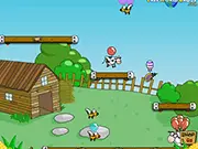 Screenshot of Barnyard Balloon Battle Online, showing farm animals flying with balloons above a barn, engaged in combat