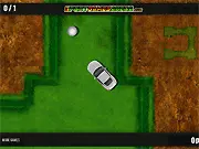 Golf-Drifter free online car puzzle game screen, showing a car drifting on a golf course to push multiple golf balls into the holes.