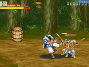 Dynasty Wars classic arcade game screen showing a Chinese general on horseback fighting against multiple enemy foot soldiers with a spear, set on a side-scrolling battlefield.