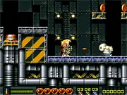 Screenshot of the Ruff 'n' Tumble Flash Game showing the hero, Ruff Rodgers, shooting his weapon at a robot enemy on a lush, forest-themed platform level.