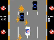 Retro NES-style gameplay of the Classic Ghostbusters game, showing the Ecto-1 chasing ghosts in New York City on PlayArcadeHub.