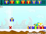 Animated image of a falling Christmas present being matched to a child wearing clothes of the same color in the game Present Drop