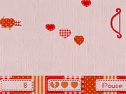 Screenshot of the Arrows of Love free online puzzle game showing Cupid's arrow connecting two floating red hearts with a Valentine's Day theme background.