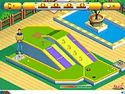 Gameplay screenshot of Mini Golf 99 Holes, showing a brightly colored isometric course with a golf ball near a loop and a fan, ready for a shot.