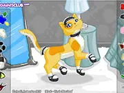The dressed-up cat character, Catie, in the Catie the Cat Dress Up free online game, wearing a bow and a cute little outfit.