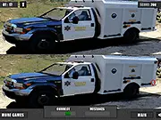 Rescue Trucks Differences game screenshot showing two identical pictures of a red fire truck with several subtle differences to find
