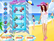 Screenshot of the Sparkling Swim Suits free online dress up game showing the character Jenna modeling a colorful bikini with beach accessories.