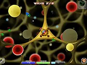 Screenshot of Antidote: Nano Robot Defense showing the Antidote nanobot flying through a cellular environment, shooting lasers at various colored viral and bacterial enemies.
