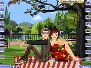 Couple's Picnic Dress-Up game screen; couple dressed in casuals for a park picnic; free online fashion and date game
