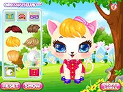 Sweet Kitty Salon game screen; cute cat being groomed and dressed up; free online pet care and dress-up game