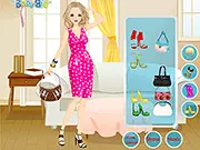 Screenshot from the Polka Dots Fashion game showing a young woman wearing a polka dot dress and a variety of other polka dot themed clothing items and accessories for selection.