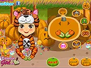 Two cartoon baby twins wearing matching, adorable Halloween costumes in the dress up game Baby Twins Halloween Costumes