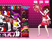 Screenshot of the Lovely Cheerleader Dress Up game showing a female character ready for a makeover surrounded by brightly colored cheerleader uniforms, pompoms, and accessories.