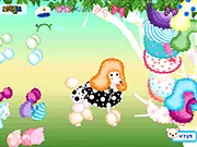Close-up of a stylish white poodle from the Poodle Dress Up game, wearing a pink coat, a bowtie, and fun accessories