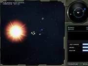 Starcom action-adventure game screen showing a customized starship fighting multiple enemy spaceships in a dark sector of the galaxy.