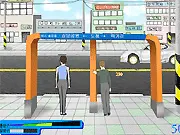 Hide the Fart online game screenshot, showing a character stealthily trying to release fart pressure while a car drives by, for a free funny game on PlayArcadeHub.