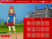 Screenshot of Miss Globetrotter dress up game showing a model in front of a landmark with a selection of culturally themed clothes and accessories