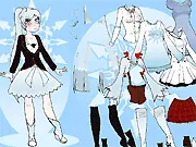Screenshot from Weiss Dressup game showing the anime girl character trying on a new school uniform and hairstyle