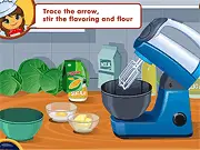 Screenshot from Enjoy Your Cream Cookie free cooking game showing hands mixing ingredients in a bowl with a chef's guidance.