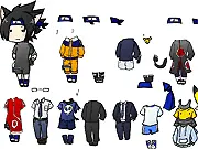 Chibi Sasuke Dress Up game screenshot showing the small anime character in various ninja outfits and casual wear. Free online anime dress-up game.
