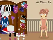 Screenshot of Ai Dress Up free online fashion game showing a lady standing next to a wide selection of party outfits, dresses, and accessories.