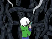 Screenshot of Octo Attack free online game, showing a small character defending against the giant tentacles of a monstrous octopus.