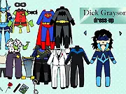 Dick Grayson Dress-up free online superhero game screenshot showing custom styles for Nightwing, Robin, and Batman