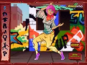 Free online fashion game Hip Hop Star Dressup showing a dancer wearing a bold, layered outfit with a hat and sneakers