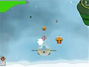Gameplay image of the free online action game Blue Rabbit's Rocket Rush, showing a rabbit character flying a rocket ship in a 3D space environment.