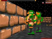 Gameplay screenshot of Rombo Rush, showing the first-person view, a classic retro shotgun, and a crowd of fantasy monsters rushing toward the player.