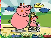 Online coloring game featuring a line art image of Peppa Pig riding her bicycle while wearing a helmet.
