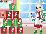 Fashion screenshot from the Christmas Girl's Party online game showing a girl dressed in a stylish, festive holiday outfit with sparkling accessories.