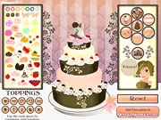 Screenshot from Wedding Cake Wonder online game showing a beautifully decorated 5-tiered wedding cake with custom frosting and a bride and groom topper, a free design game.