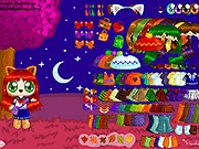 Screenshot of Autumn Leaves Dressup game showing a cute chibi girl wearing a warm sweater and surrounded by colorful autumn leaves.