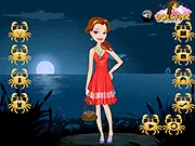 Screenshot of Beach Rosy dress up game showing the character Rosy in a stylish bikini and sun hat, standing on a sunny beach with waves in the background