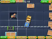 Quick Tractor free online game screenshot, a yellow tractor moving a cargo box towards a marked quad area.