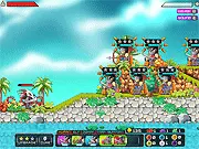 Screenshot of the game Ancient Defender showing a line of ancient soldiers defending a castle wall against enemy units in a side-view tower defense game. Play free online.