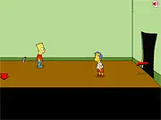 Bart Saw Game 2 title screen featuring Bart Simpson looking distressed next to the villainous Pigsaw puppet, advertising a free online point and click puzzle game