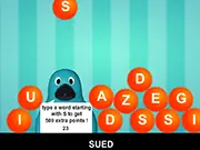 Gameplay screenshot of the free online typing word game Must Pop Words, showing letter bubbles falling toward the bottom of the screen with a score counter.
