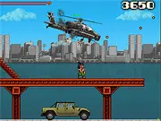 Screenshot of the free online action game Armio on PlayArcadeHub, showing Sgt. John Armio shooting at black enemy helicopters and thugs on a battlefield.