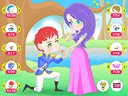 Free online game Prince & Princess Dress Up showing a royal couple, a prince and princess, adorned in elegant attire against a fairytale landscape