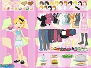 Screenshot of the Cooking Girl Dress Up game showing a cute female chef model with various cooking-themed clothing options. Play free online fashion game.