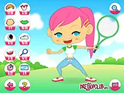 Free online fashion game Tennis Girl Dress Up showing an athlete modeling a stylish court uniform with a racket and visor
