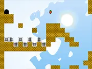 The main character, a cute strawberry-themed figure, jumping over a gap between platforms in the colorful, challenging world of Super Strawberry Clock