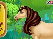 Horse Caring and Spa game showing a cute brown stallion getting groomed with a brush and soap