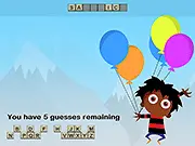 Word Balloon online game screenshot showing a boy named Lennox holding multiple balloons and a partially revealed word puzzle. Free hangman-style game.