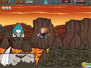 Screenshot of Skull Rider: Acrobatic Hell game showing a skull character on a cool dirt bike riding over a fiery, hell-themed obstacle course.