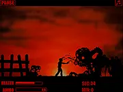 Screenshot of Blood Red zombie shooter game showing a silhouette hero shooting at zombie enemies in a side-scrolling action scene, free online game
